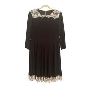 Ted Baker Olivhea Black Pleated Dress Lace Collar & Hem Long Sleeve Sz 4 Career
